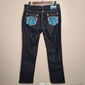 NWOT Coogi Black Colorful Embroidered Pocket Straight Leg Jeans